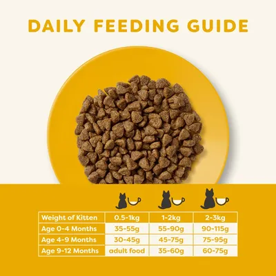 Guía diaria de alimentación para gatitos: peso 0,5–1 kg 35–55 g, 1–2 kg 55–90 g, 2–3 kg 90–115 g (0–4 meses); 30–45 g, 45–75 g, 75–95 g (4–9 meses); comida adulta, 35–60 g, 60–75 g (9–12 meses).