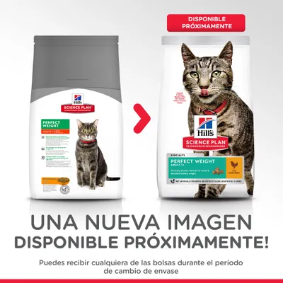 Dos envases de Hill's Science Plan Perfect Weight Adult con pollo para gatos, uno actual y otro nuevo. Texto: Disponible próximamente. Puede recibirse cualquiera durante el cambio de envase.