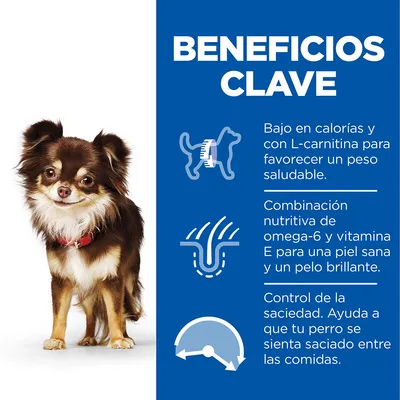 Beneficios clave: bajo en calorías y con L-carnitina, combinación de omega-6 y vitamina E para piel y pelo, control de la saciedad. Imagen de un perro pequeño marrón y blanco.