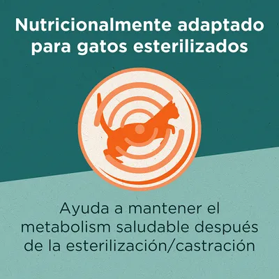 Nutricionalmente adaptado para gatos esterilizados. Ayuda a mantener el metabolismo saludable después de la esterilización/castración.