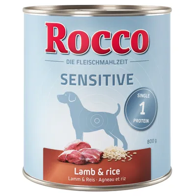 Rocco Sensitive Single 1 Protein, Lamb & rice, 800 g. Immagine di carne d'agnello e riso sulla confezione. Testo anche in tedesco e francese.