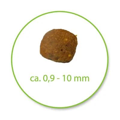 Гранула с приблизителен размер 0,9–10 мм, показана в близък план. Видим надпис: ca. 0,9 – 10 mm.