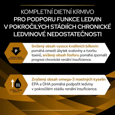 Kompletní dietní krmivo pro podporu funkce ledvin, snížený obsah bílkovin a fosforu, zvýšený obsah omega-3 mastných kyselin EPA a DHA. Text o podpoře při chronické ledvinové nedostatečnosti.