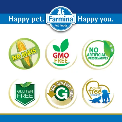 Farmina Pet Foods. NO MAIS, GMO FREE, NO ARTIFICIAL PRESERVATIVES, GLUTEN FREE, LOW GLYCEMIC INDEX, cruelty free research. Testo in inglese.