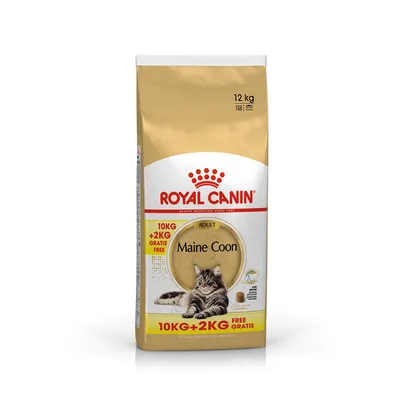 Royal Canin Adult Maine Coon, 12 kg. Na pakiranju piše: 10 kg + 2 kg gratis. Slika mačke Maine Coon i granule hrane. Tekst na engleskom: FREE GRATIS.