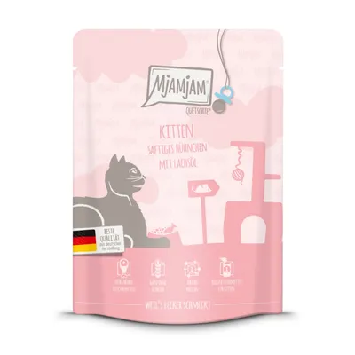 Confezione MjAMjAM Quetschie Kitten Saftiges Hühnchen mit Lachsöl, illustrazione di gatto, bandiera tedesca con testo 'Beste Qualität aus deutscher Herstellung', icone ingredienti e funzioni.