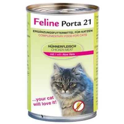 Feline Porta 21, alimento complementare per gatti, carne di pollo con Aloe Vera. Testo visibile: 'your cat will love it!'. Immagine di un gatto sul fronte della lattina.