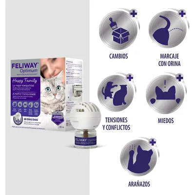 Difusor y envase Feliway Optimum, texto visible: Happy Family, 30 días, 48 ml. Iconos con cambios, marcaje con orina, tensiones y conflictos, miedos, arañazos.