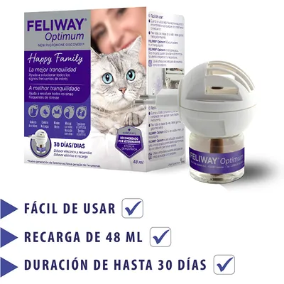 FELIWAY Optimum difusor eléctrico y recambio 48 ml, fácil de usar, duración hasta 30 días. Recomendado por veterinarios. Caja con imagen de gato y texto informativo visible.