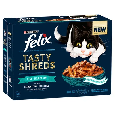 Felix Tasty Shreds Fish Selection with salmon, tuna, cod and plaice in gravy. New shredded pieces. No added artificial colours, flavourings or preservatives.
