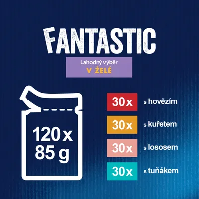 FANTASTIC Lahodný výběr v želé, 120×85 g: 30× s hovězím, 30× s kuřetem, 30× s lososem, 30× s tuňákem. Text v češtine.