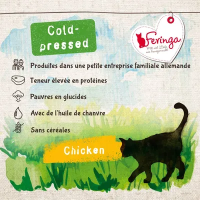 Feringa Cold-pressed. Produites dans une petite entreprise familiale allemande, teneur élevée en protéines, pauvres en glucides, avec de l'huile de chanvre, sans céréales, Chicken.