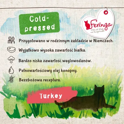 Feringa. Cold-pressed. Przygotowano w rodzinnym zakładzie w Niemczech, wysoka zawartość białka, niska węglowodanów, olej konopny, bezzbożowa receptura. Turkey.
