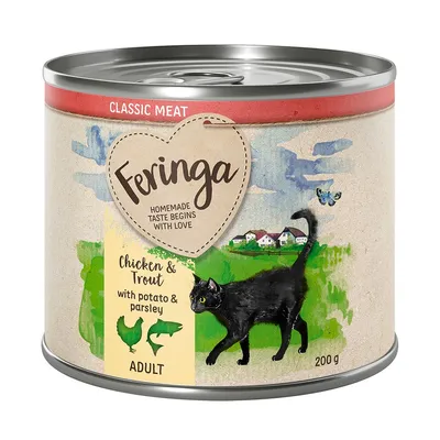 Feringa Classic Meat, Chicken & Trout with potato & parsley, ADULT, 200 g. Immagine di una lattina con disegno di gatto nero e testo in inglese sull'etichetta.