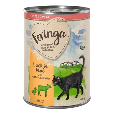 Feringa Duck & Veal with broccoli & dandelion, CLASSIC MEAT, 400 g, illustration de chat noir et animaux, pour chats adultes. Texte en anglais sur l’étiquette.