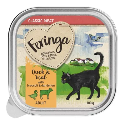 Feringa Classic Meat Duck & Veal with broccoli & dandelion, ADULT, 100 g. Immagine di confezione con gatto nero e paesaggio sullo sfondo.