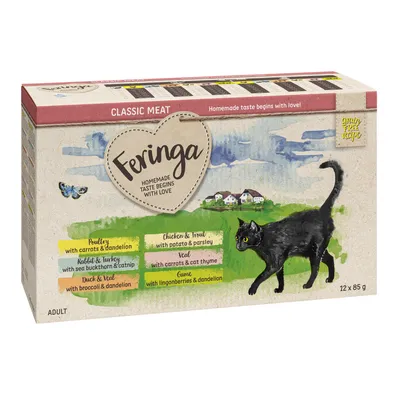 Feringa Classic Meat, 12 x 85 g pour chat adulte. Saveurs visibles : volaille, poulet & truite, lapin & dinde, veau, canard & veau, gibier. Texte anglais sur l’emballage.