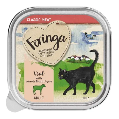 Confezione Feringa Classic Meat, Veal with carrots & cat thyme, per gatti adulti, 100 g. Testo visibile: 'Homemade taste begins with love'. Immagine di gatto nero e paesaggio.