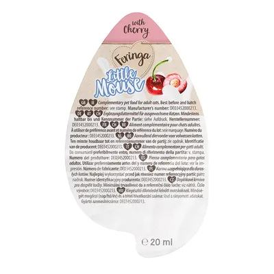 Feringa Little Mouse kompletteringsfoder för vuxna katter med körsbär, bäst före och batchnummer se tryck, innehåll: 20 ml.