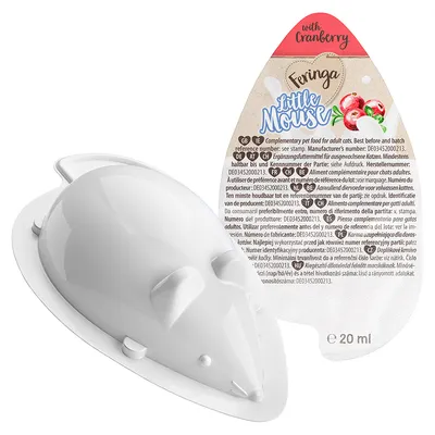 Feringa Little Mouse kompletteringsfoder för katter med tranbär, 20 ml. Tillverkar- och batchnummer synliga.