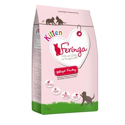 Опаковка Feringa Kitten, 2 кг. Видим текст: Geflügel Poultry, mit Kürbis, Cranberries & Katzenminze, getreidefrei, optimales Wachstum, mit Taurin.