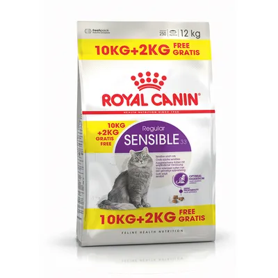 Royal Canin Regular Sensible 33, 12 kg (10 kg + 2 kg gratis), immagine di un gatto grigio sul fronte della confezione. Testo visibile: Optimal Digestion, High Palatability.