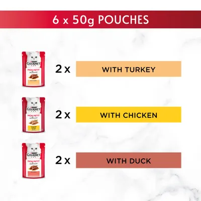 Pack contains 6 x 50g pouches: 2 with turkey, 2 with chicken, and 2 with duck. Each flavour is shown with its respective pouch image.