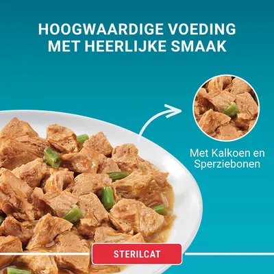 Hoogwaardige voeding met heerlijke smaak. Met kalkoen en sperziebonen. STERILCAT.
