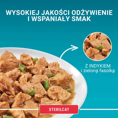 STERILCAT z indykiem i zieloną fasolką; wysoka jakość odżywienia i smak. Widoczne kawałki mięsa i fasolki na talerzu.