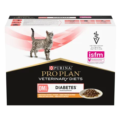 Purina Pro Plan Veterinary Diets Diabetes Management, tender pieces with chicken. Veterinary clinical nutrition and ISFM certification shown on packaging.