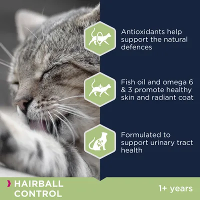 Tekst på engelsk: Antioxidants help support the natural defences. Fish oil and omega 6 & 3 promote healthy skin and radiant coat. Formulated to support urinary tract health. Hairball control. 1+ years.