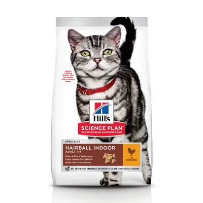 Hill's Science Plan Hairball Indoor Adult 1–6, croquettes pour chat adulte d’intérieur, au poulet. Texte visible : Natural Fibre Technology helps reduce hairballs in adult cats living indoors.