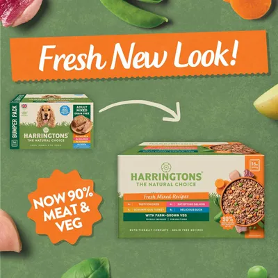 Harringtons pet food packaging update showing new look, now 90% meat and veg, with fresh mixed recipes including chicken, salmon, turkey, and duck. Grain free. For adult dogs.