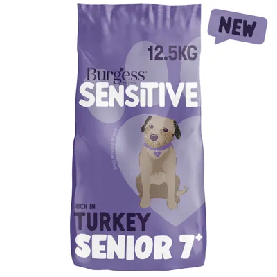 Burgess Sensitive, 12.5kg, rich in turkey, for senior 7+; new product indicated on packaging.