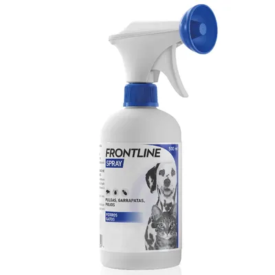 Frontline Spray, 500 ml. Imagen muestra la etiqueta del producto con perro y gato. Adecuado contra pulgas, garrapatas y piojos.