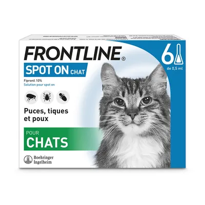 FRONTLINE Spot On Chat, Fipronil 10 %, solution pour chats contre puces, tiques et poux, boîte de 6 pipettes de 0,5 ml, Boehringer Ingelheim