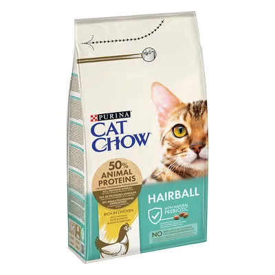 Purina Cat Chow Hairball, 50 % animal proteins, riche en poulet, with natural prebiotic, sans colorants, arômes ni conservateurs artificiels. Texte partiellement en anglais.
