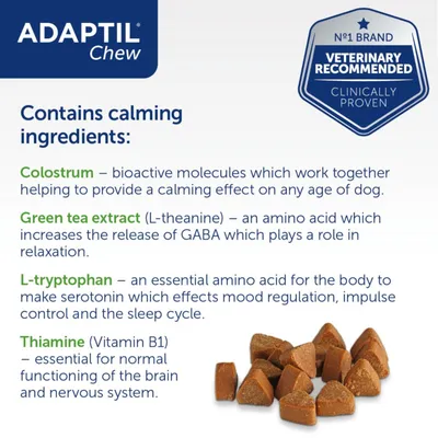 Adaptil Chew contains calming ingredients: colostrum, green tea extract, L-tryptophan and thiamine. Veterinary recommended, clinically proven. Image shows chews.