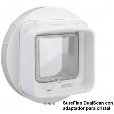 Puerta para mascotas SureFlap DualScan blanca con adaptador para cristal, marca y texto visibles en la parte inferior derecha.