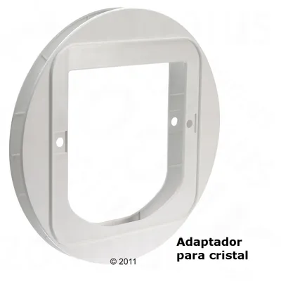 Adaptador para cristal de forma circular y color blanco, con orificio cuadrado central y dos agujeros laterales visibles. Texto: Adaptador para cristal.