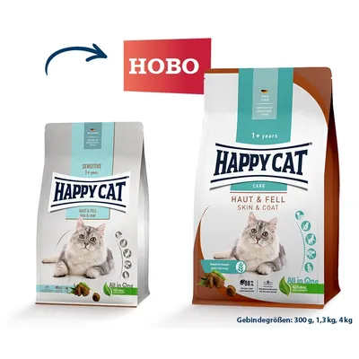 Две опаковки котешка храна Happy Cat Haut & Fell Skin & Coat, етикет „НОВО“, налични разфасовки: 300 г, 1,3 кг, 4 кг. Видима снимка на котка и информация за продукта.