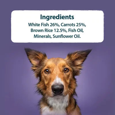 Ingredients: White Fish 26%, Carrots 25%, Brown Rice 12.5%, Fish Oil, Minerals, Sunflower Oil.