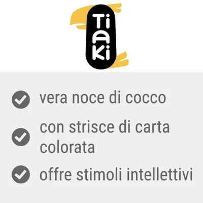Tiaki, vera noce di cocco, con strisce di carta colorata, offre stimoli intellettivi Tiaki, vera noce di cocco, con strisce di carta colorata, offre stimoli intellettivi