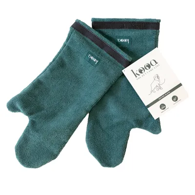 kooa Trocknungshandschuhe für Haustiere, grün, mit Etikett. Mikrofaser-Material, geeignet für Fellpflege und schnelles Trocknen.