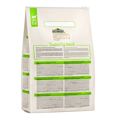 Sac de croquettes pour chat adulte Greenwoods Insects, texte visible : Powered by Insects! Ingrédients et informations en plusieurs langues sur l'emballage.