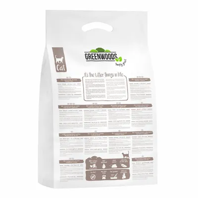 Sac de litière pour chat Greenwoods Simply Great, texte visible : Cat, It's the Litter things in life, icônes d'utilisation et conseils en anglais, poignée intégrée sur le haut du sac.