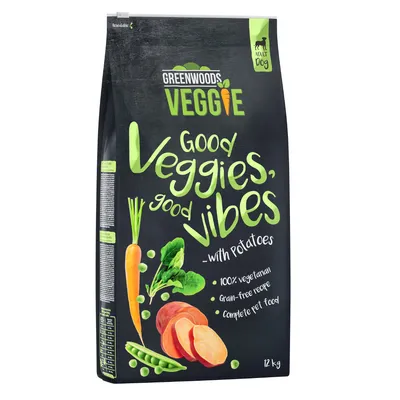 Sac Greenwoods Veggie pour chien adulte, texte visible : Good Veggies, good vibes with potatoes, 100% vegetarian, grain-free recipe, complete pet food, 12 kg. Images de légumes.