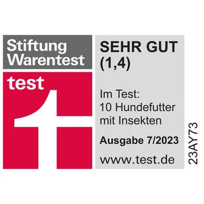 Stiftung Warentest: SEHR GUT (1,4) im Test von 10 Hundefutter mit Insekten, Ausgabe 7/2023, www.test.de