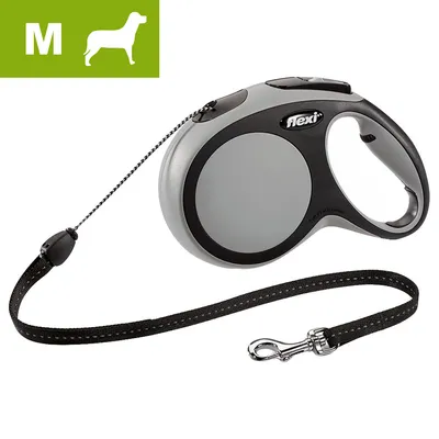 Guinzaglio estensibile Flexi, taglia M, con manico ergonomico in plastica nera e grigia, corda nera e moschettone in metallo visibile.