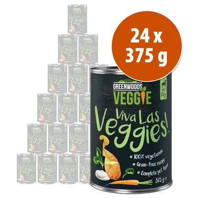 Pack de 24 latas Greenwoods Veggie Viva Las Veggies, 375 g cada una. Texto visible: 100% vegetarian, grain-free recipe, complete pet food. Imagen de verduras en la etiqueta.